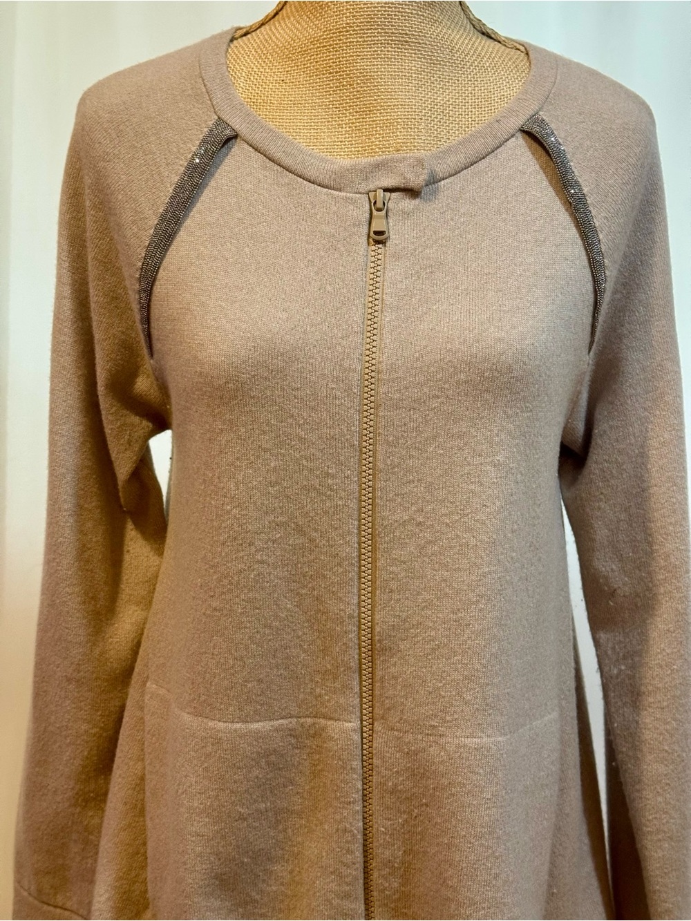 Brunello Cucinelli Cashmere Sweater in Light Taupe, zipper front, size S/M